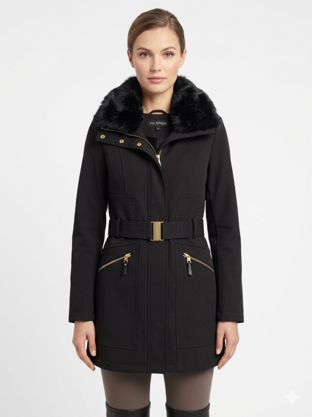 Via Spiga Black Belted Trench coat women’s size small with gold buckle detail